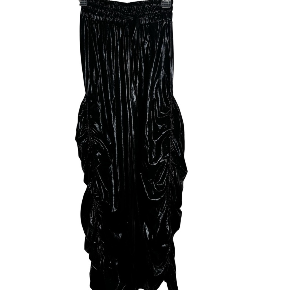 Black wet look faux latex parachute wide leg pants futuristic matrix